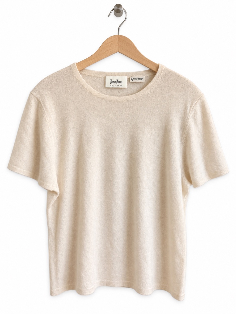 Neiman Marcus 100% Cashmere Short Sleeve Tee Shirt Cream Ivory Size Large